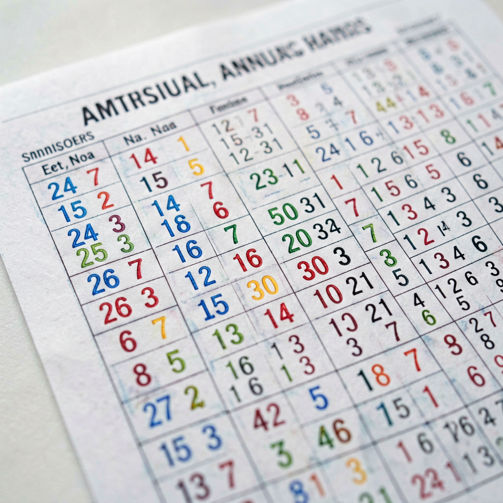 Close-up of a National Mah Jongg League annual card showing rows of colored numbers and letters