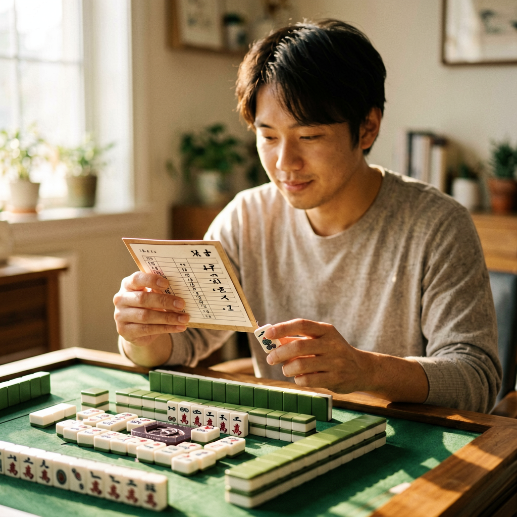 A player holding the annual mahjong card in one hand while studying the tiles on her rack