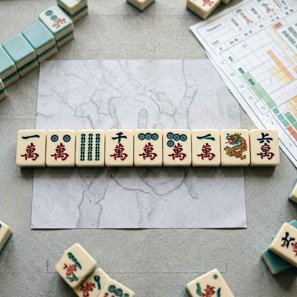 American mahjong tiles laid out in a row to match a hand printed on the annual card