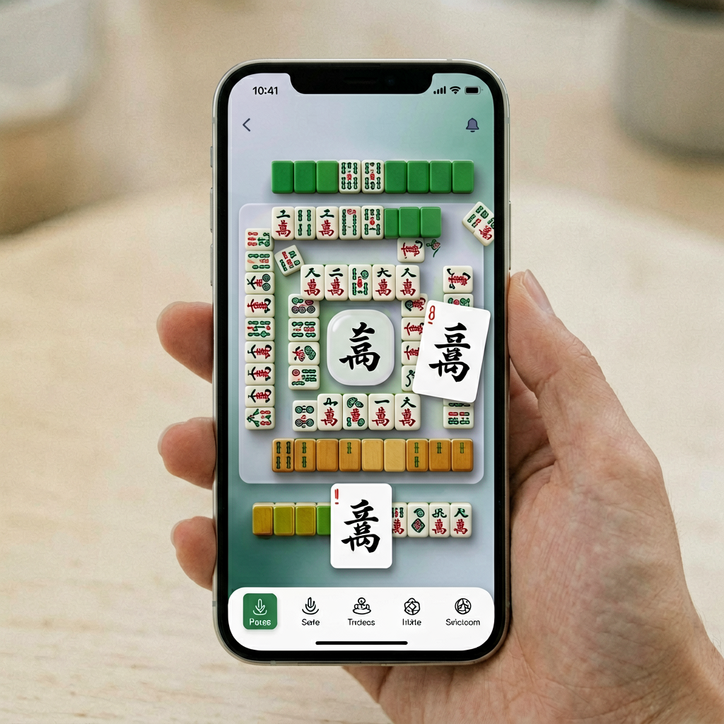 Smartphone showing an American mahjong game interface with tiles and the hand card