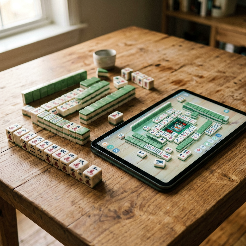 A physical American mahjong set beside a tablet showing the same game