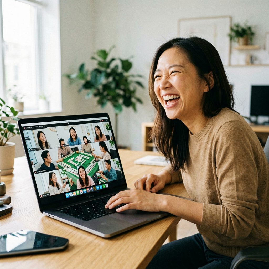 A person on a video call joining a virtual mahjong table with friends
