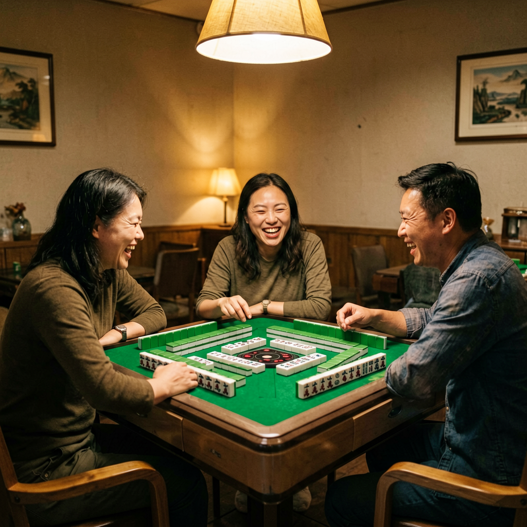 Three people playing American mahjong at a table with one empty dealer seat