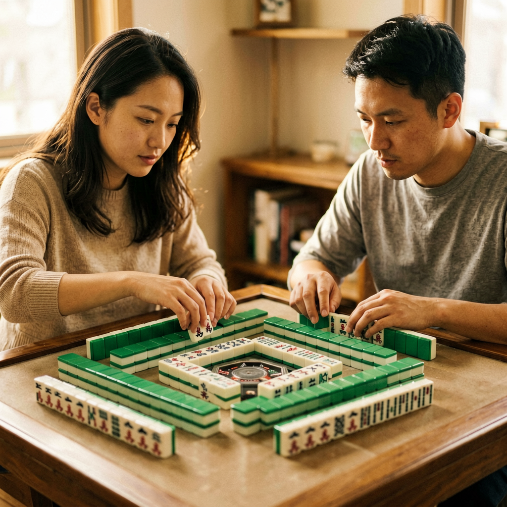 Two friends playing American mahjong across a small table