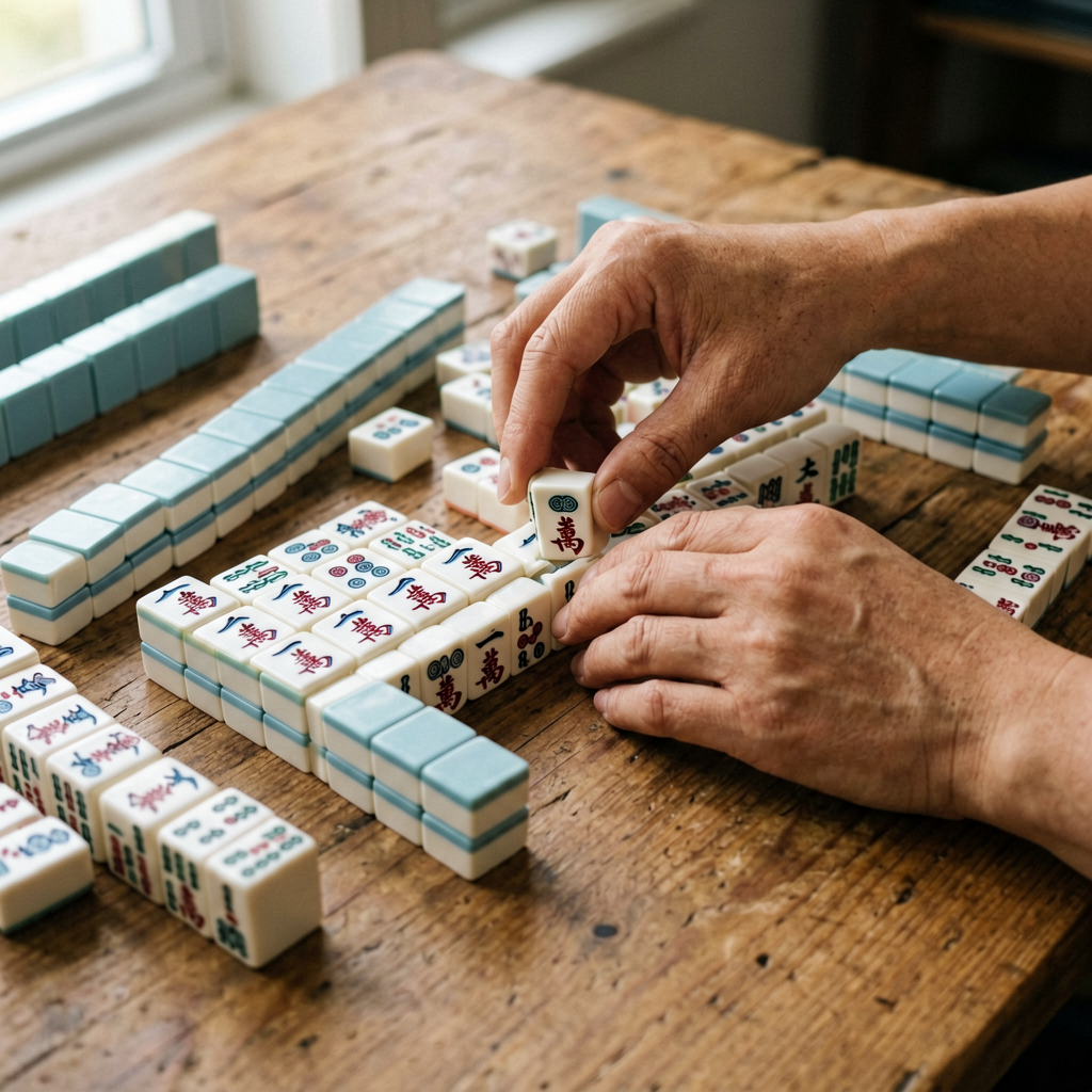 Hands building and arranging an American mahjong wall alone on a wooden table