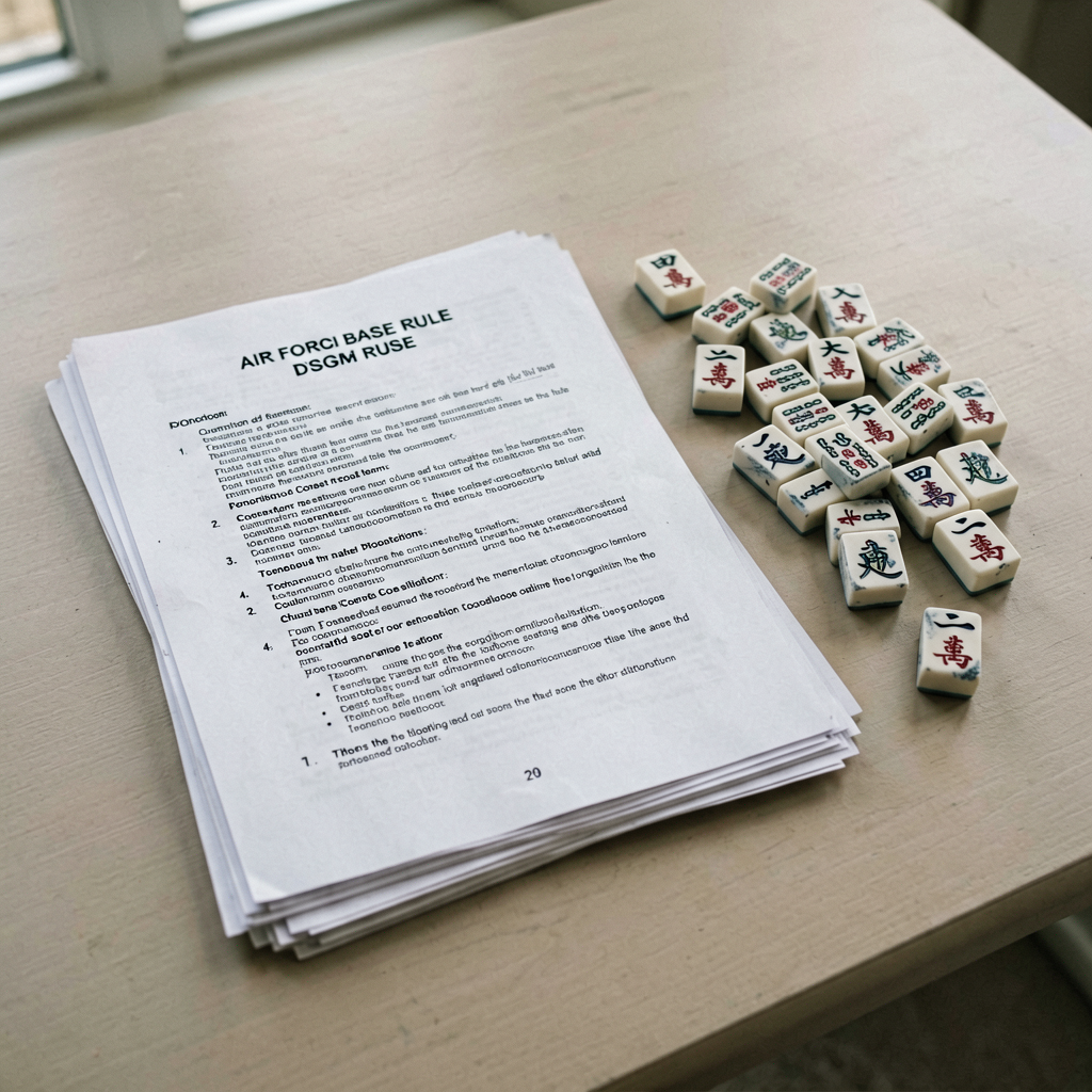 A typed Air Force base rule sheet and printed hand references beside American mahjong tiles
