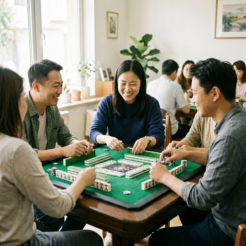 Friends tallying scores and collecting chips after a winning mahjong hand