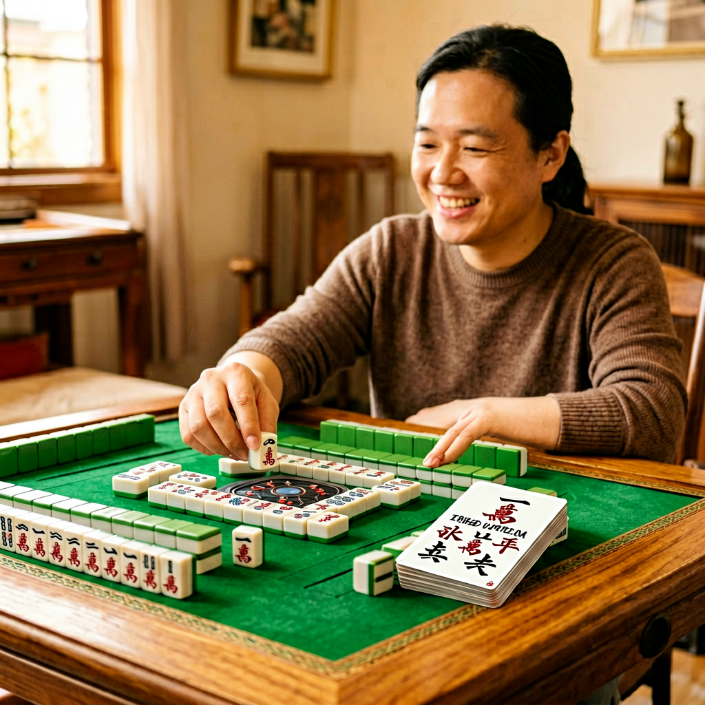 A completed American mahjong single-suit hand beside the annual card