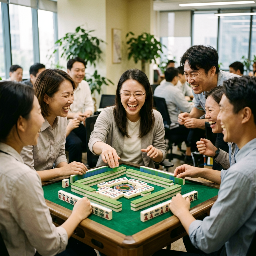 Colleagues cheering at a workplace mahjong session over a completed winning hand