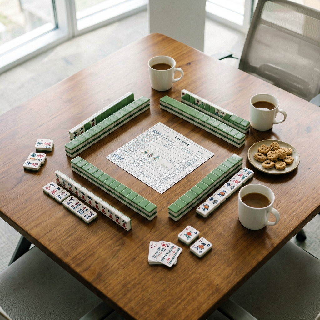An office table set up for American mahjong team building with racks, a score card, coffee and snacks