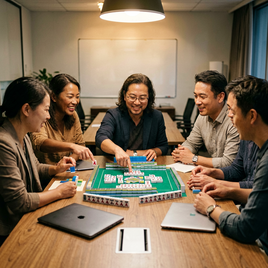 Coworkers at a boardroom table learning American mahjong while one person points at a score card