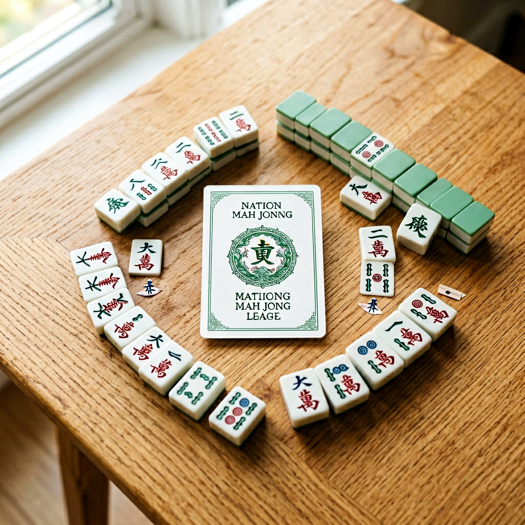 The National Mah Jongg League card and tiles on a table