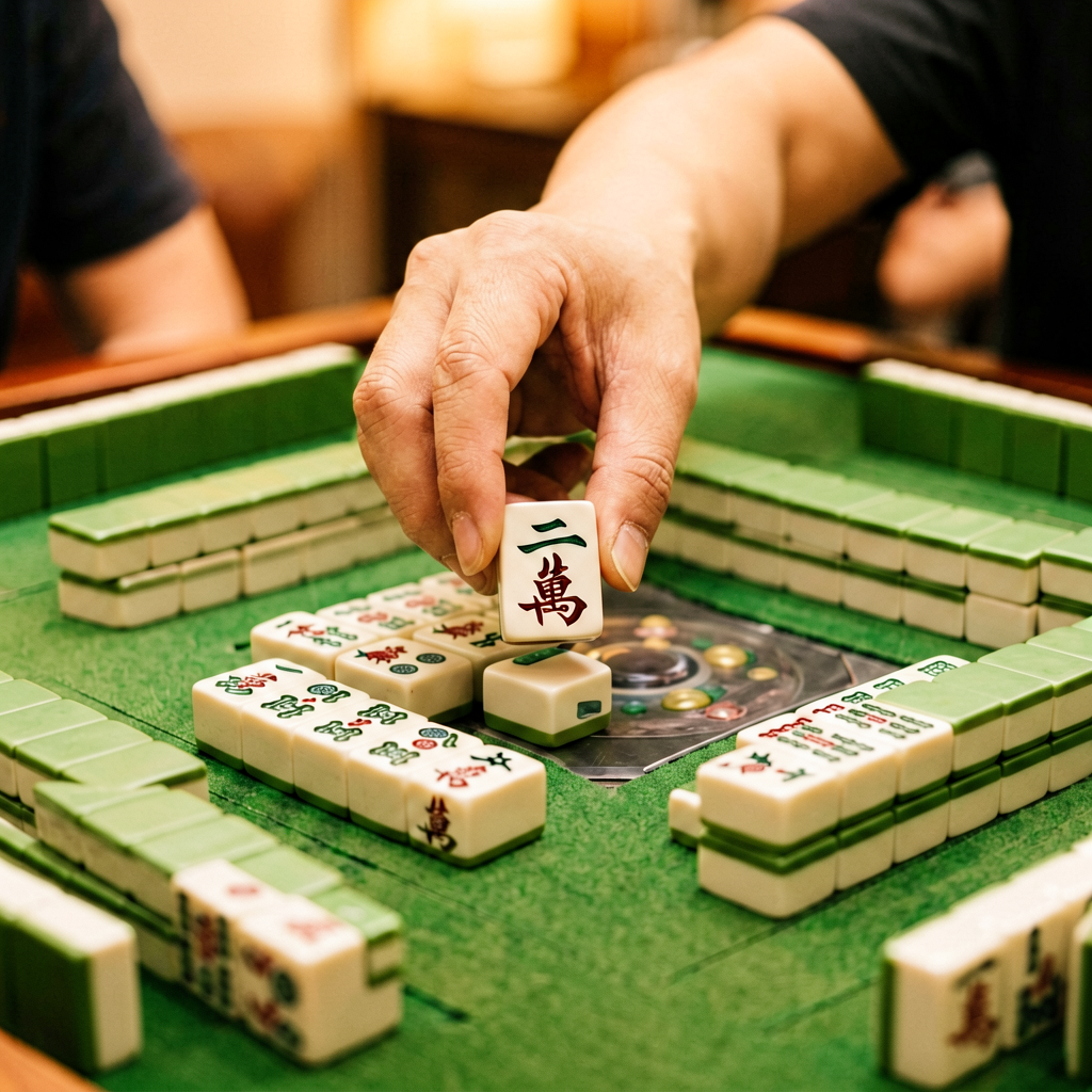 A hand placing a single tile into the discard pile