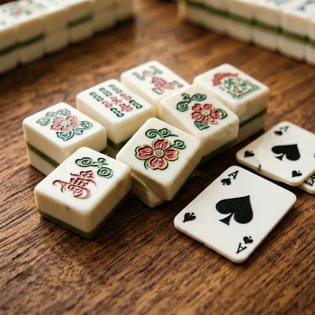 American mahjong flower tiles and joker tiles grouped on a wooden table