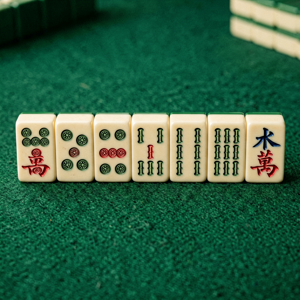 Macro photo of American mahjong dot, bamboo and character suit tiles numbered one through nine