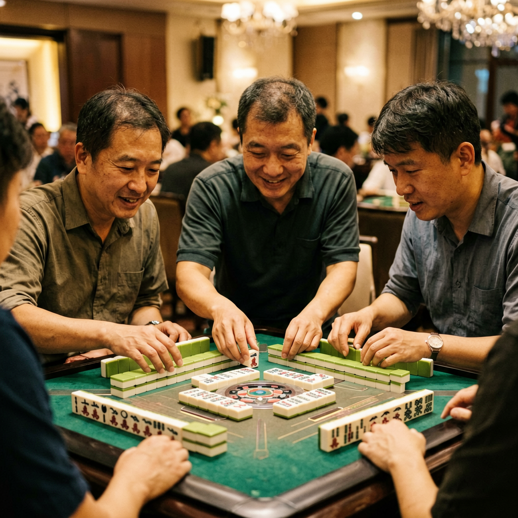 Three players leaning in over an American mahjong table mid-game, focused and competitive