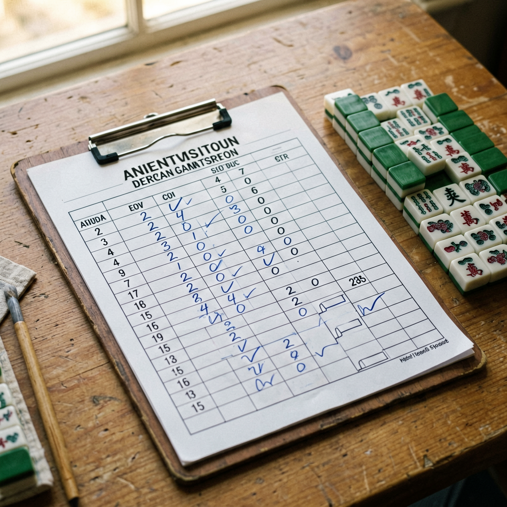 An American mahjong tournament score sheet on a clipboard beside a bracket board and stacks of tiles