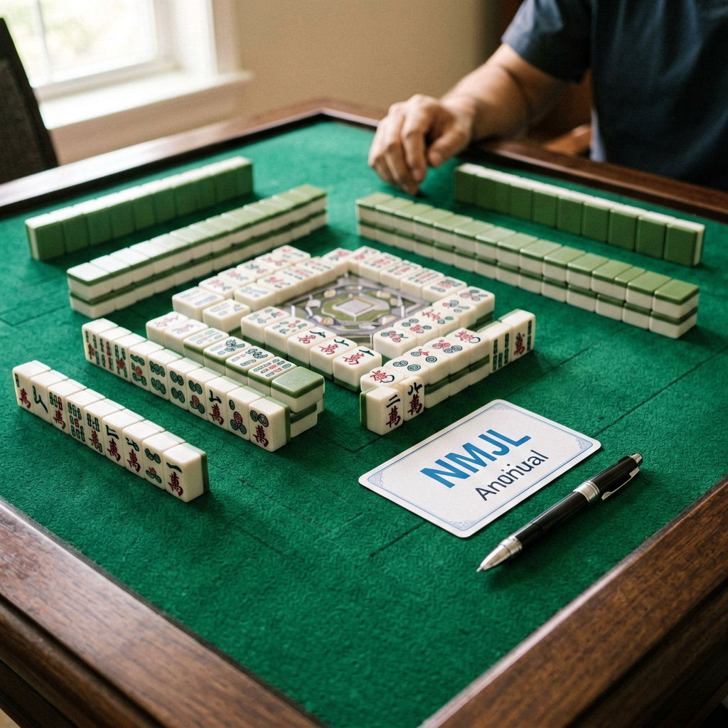 A player's own American mahjong set with the annual NMJL card on a tournament table next to a pen