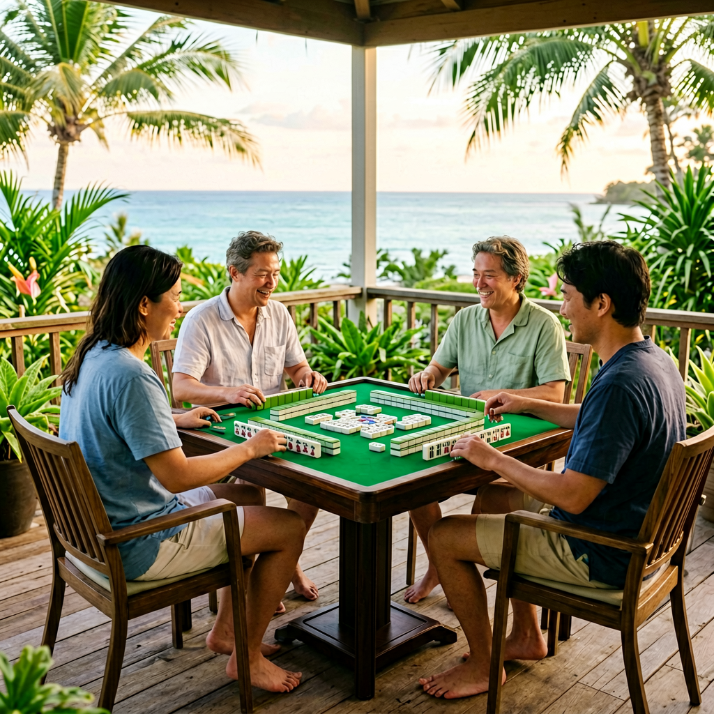A relaxed casual outdoor American mahjong game in Hawaii with tropical plants and ocean light