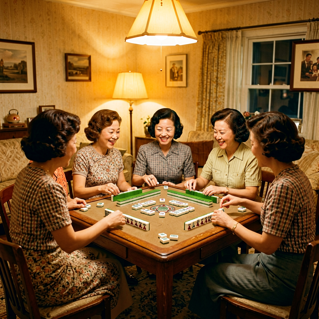 A mid-20th-century style American living room where a group of women play mahjong together