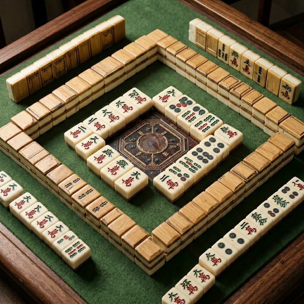 Close-up of a traditional Chinese mahjong set with carved tiles