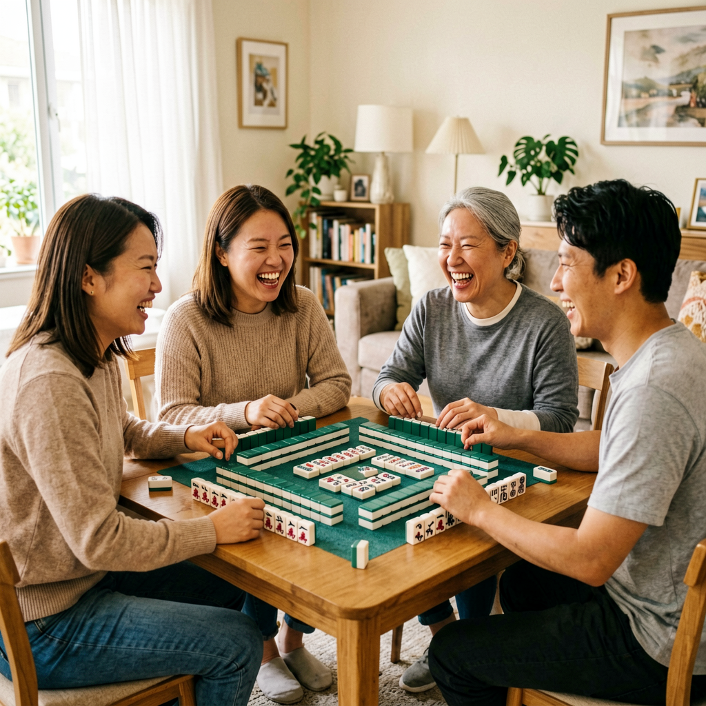 Friends laughing while playing American mahjong together
