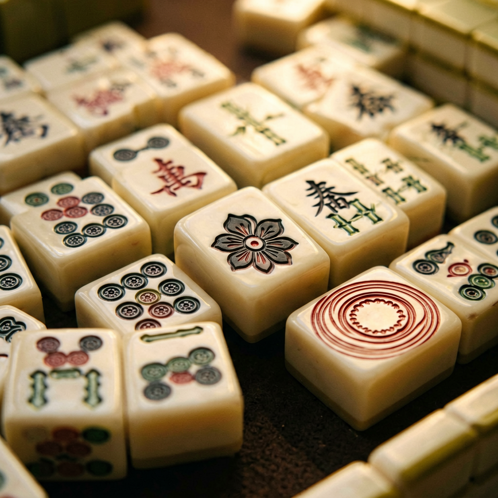 Close-up of authentic American mahjong tiles with dots, bamboo, characters, a flower tile and a red joker