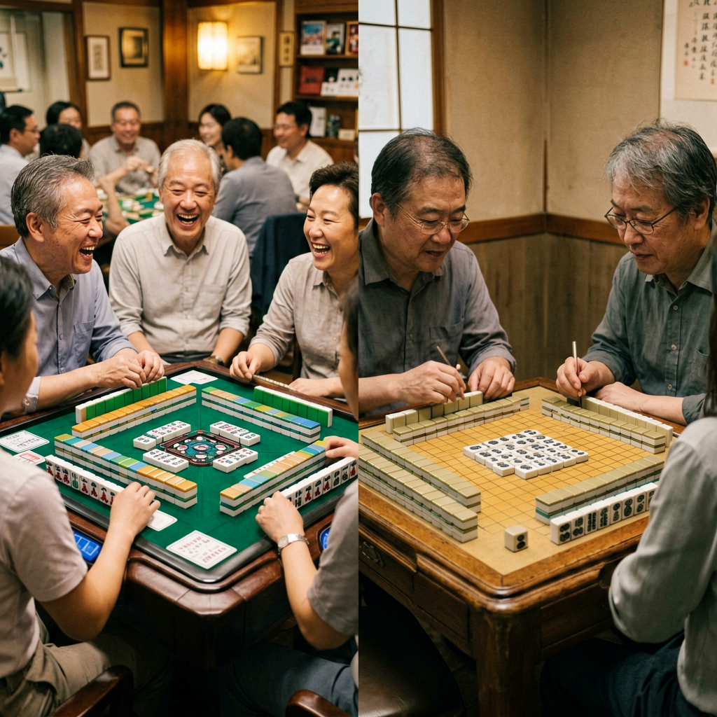 Split scene of a lively American mahjong game night and a quiet Japanese riichi game