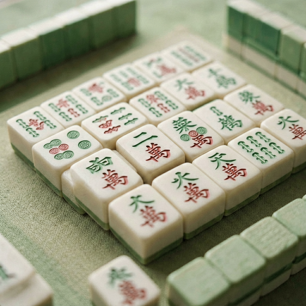 Clean close-up of Japanese riichi mahjong tiles with minimalist engraving
