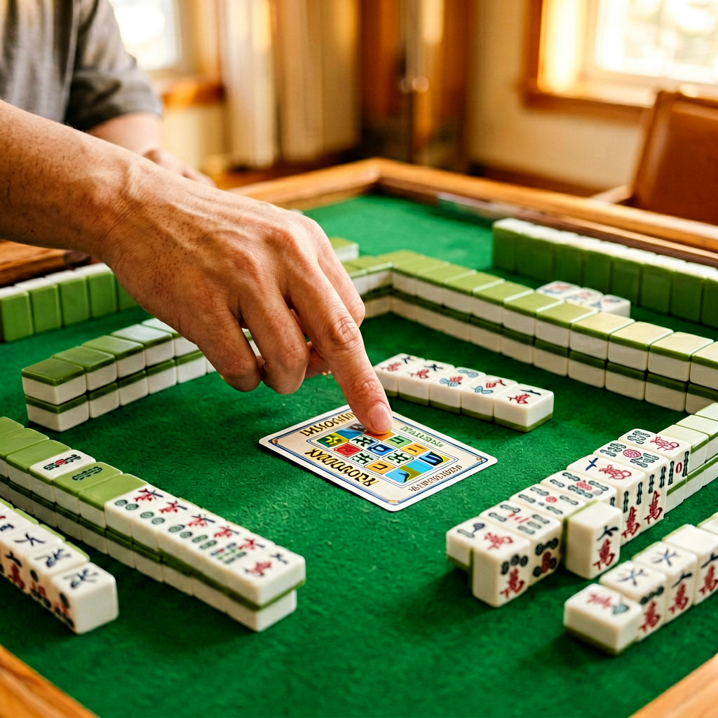 A player pointing at the American mahjong annual card with honor tiles beside it