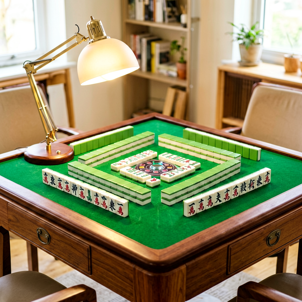 A mahjong table set up with good lighting and a magnifier