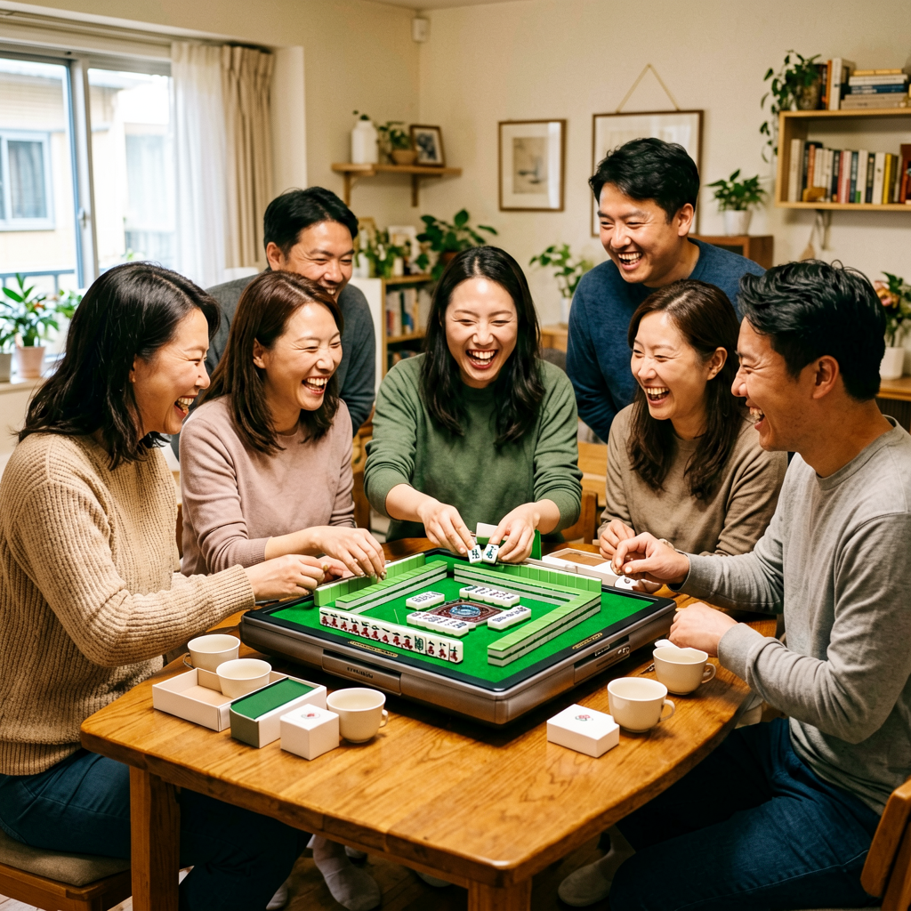 Friends unboxing and setting up a new American mahjong set