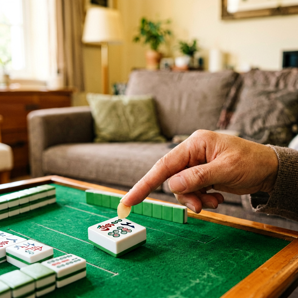 A player pointing at a line on the mahjong card
