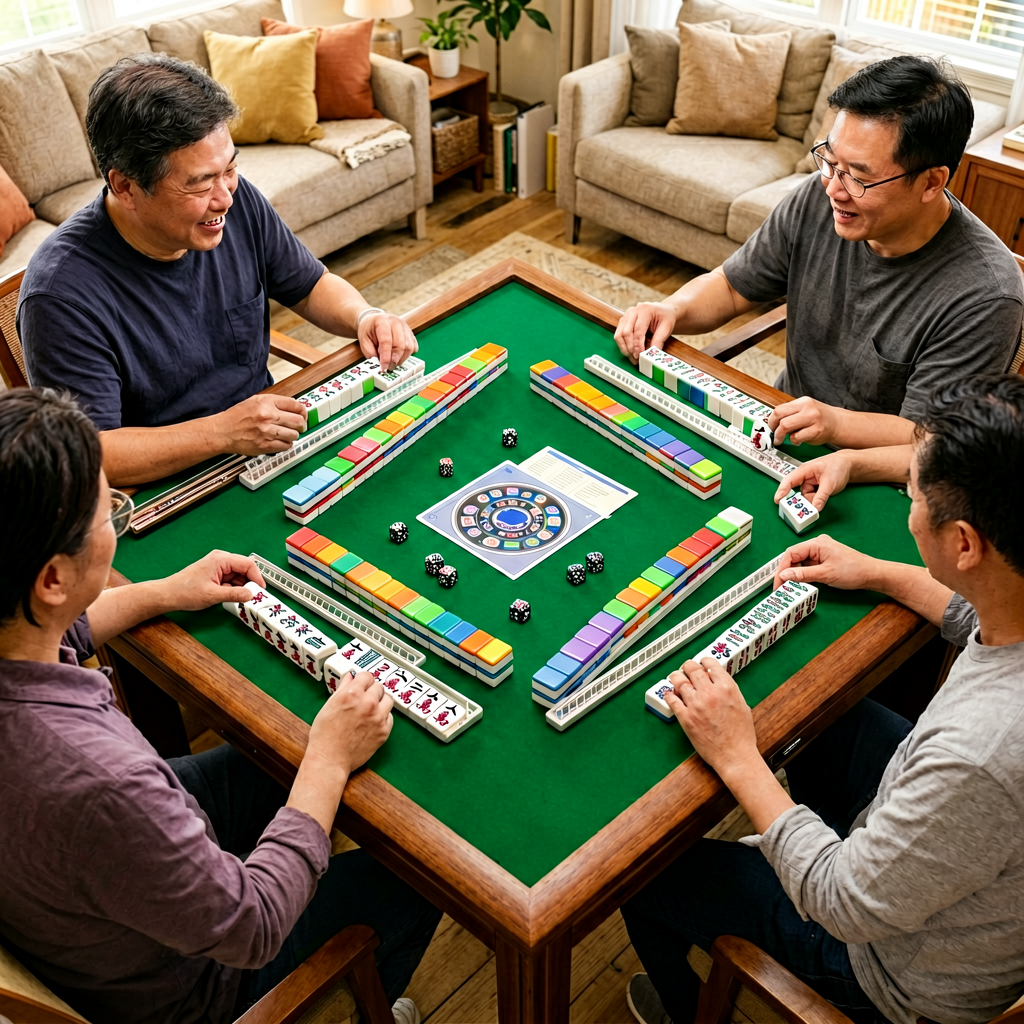Top-down view of an American mahjong table ready for play