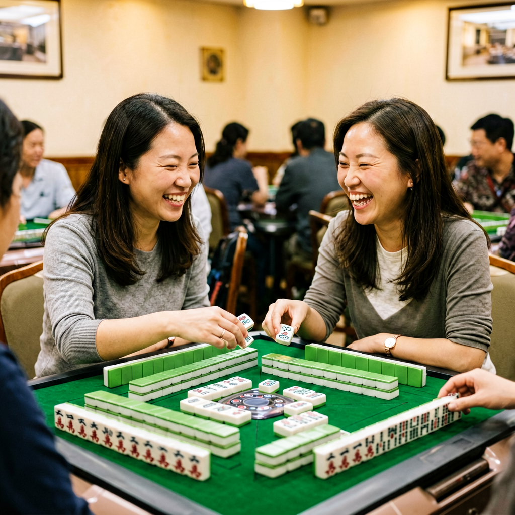 Two women laughing while exchanging tiles during a mahjong club game