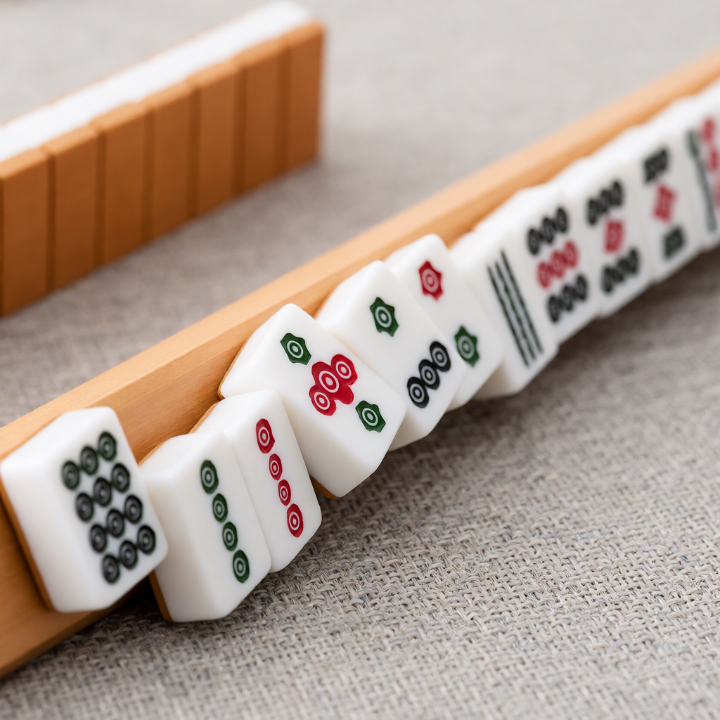 An American mahjong tile rack holding an uneven row of tiles