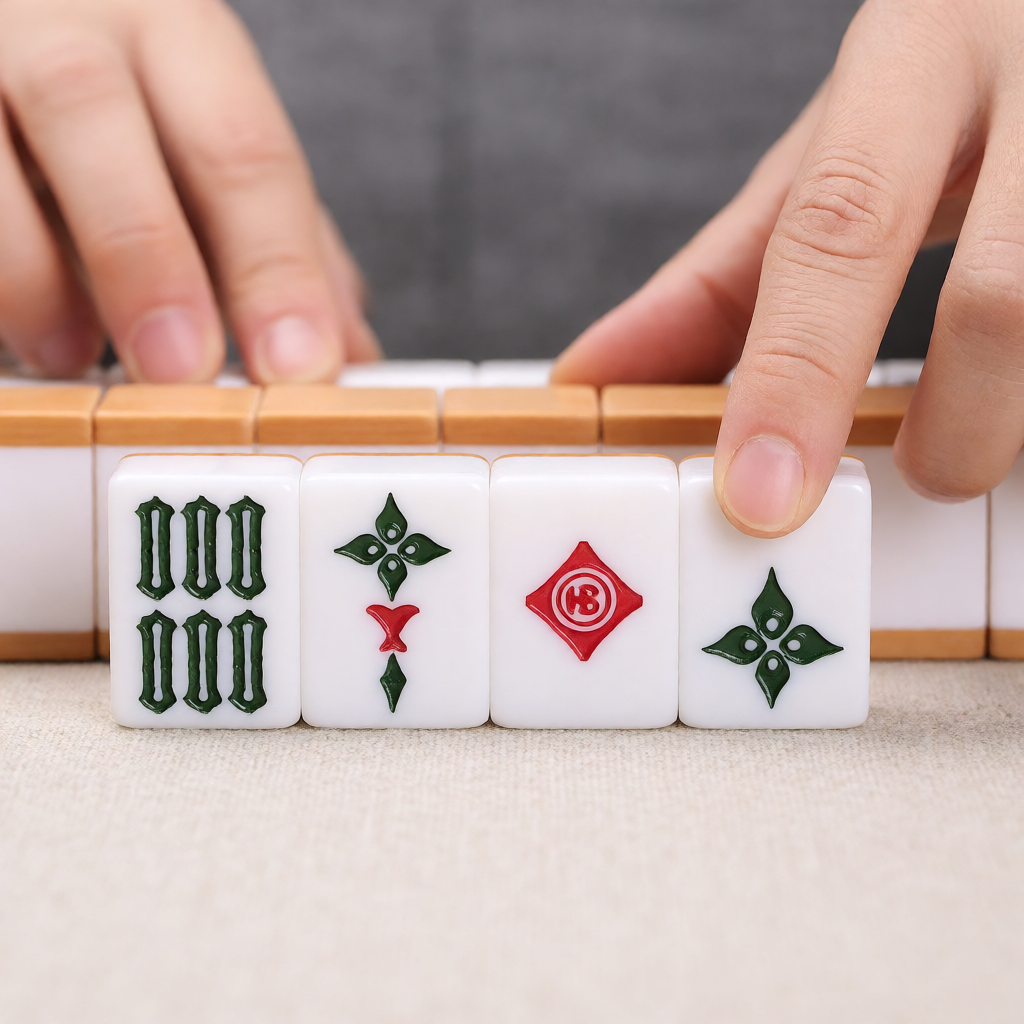 Exposed American mahjong tile groups on the edge of a rack
