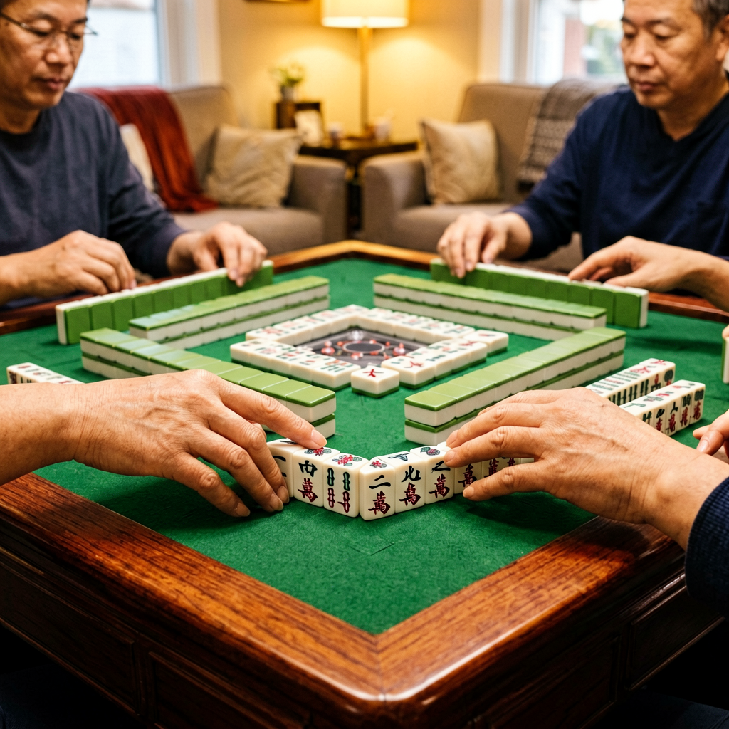 A player setting her mahjong tiles down at the edge of the table