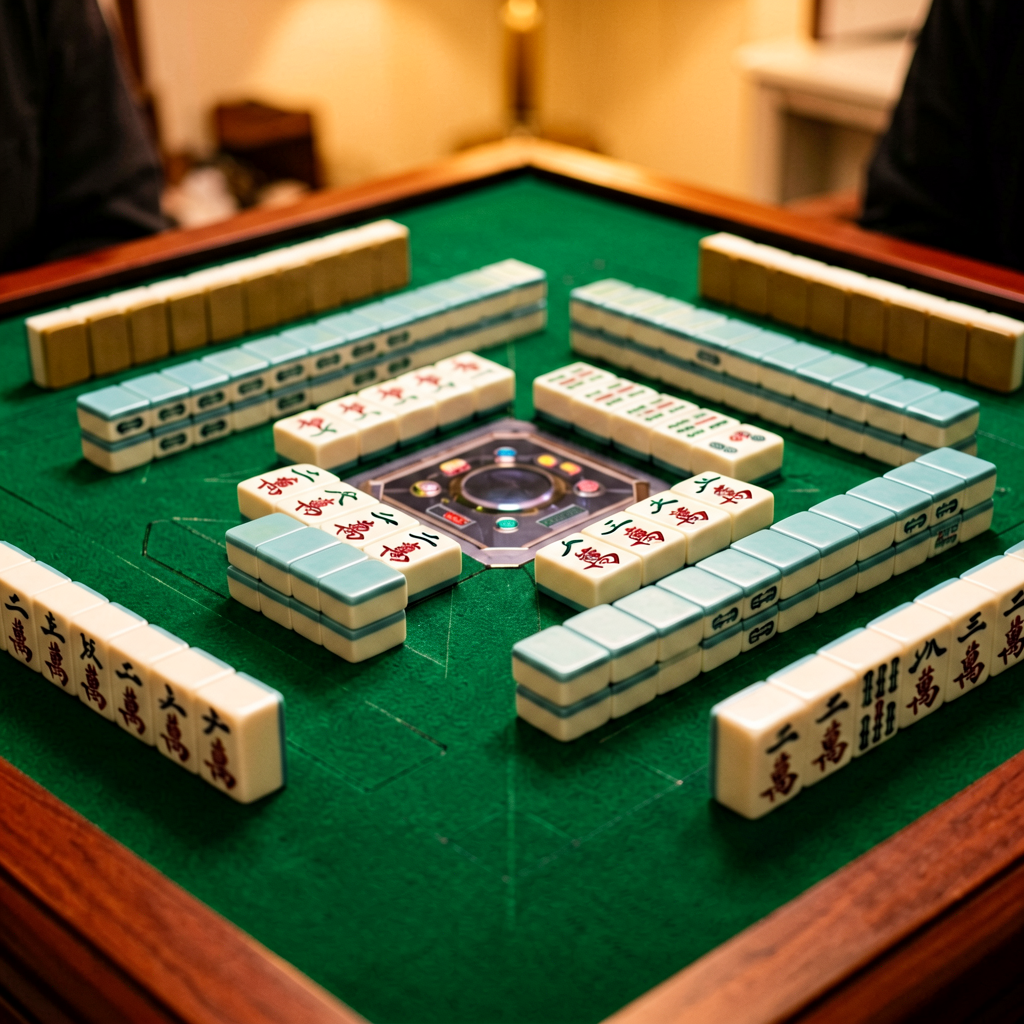Mid-game American mahjong rack with tiles turned face-up showing exposed melds