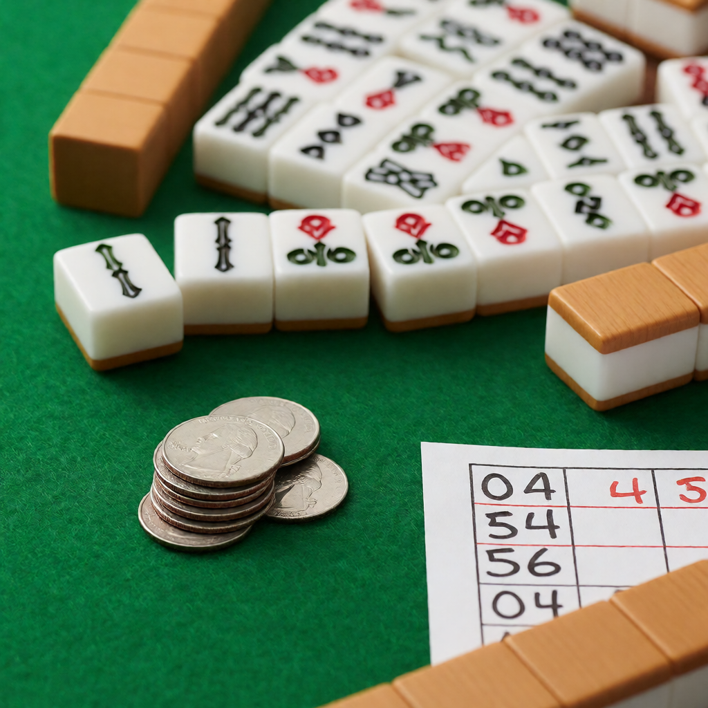 American mahjong tiles with a small pile of quarters on a felt table