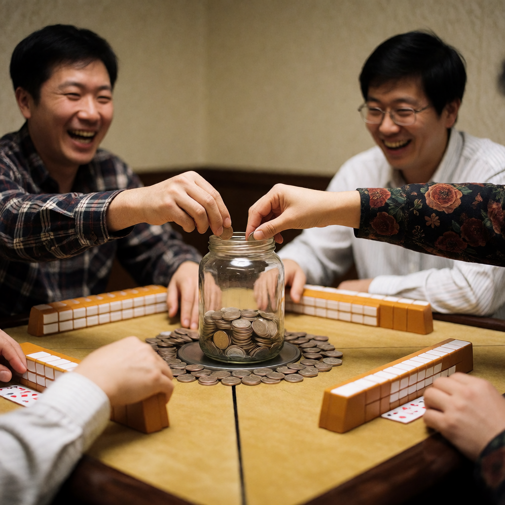 Players dropping quarters into a kitty jar during a friendly mahjong game