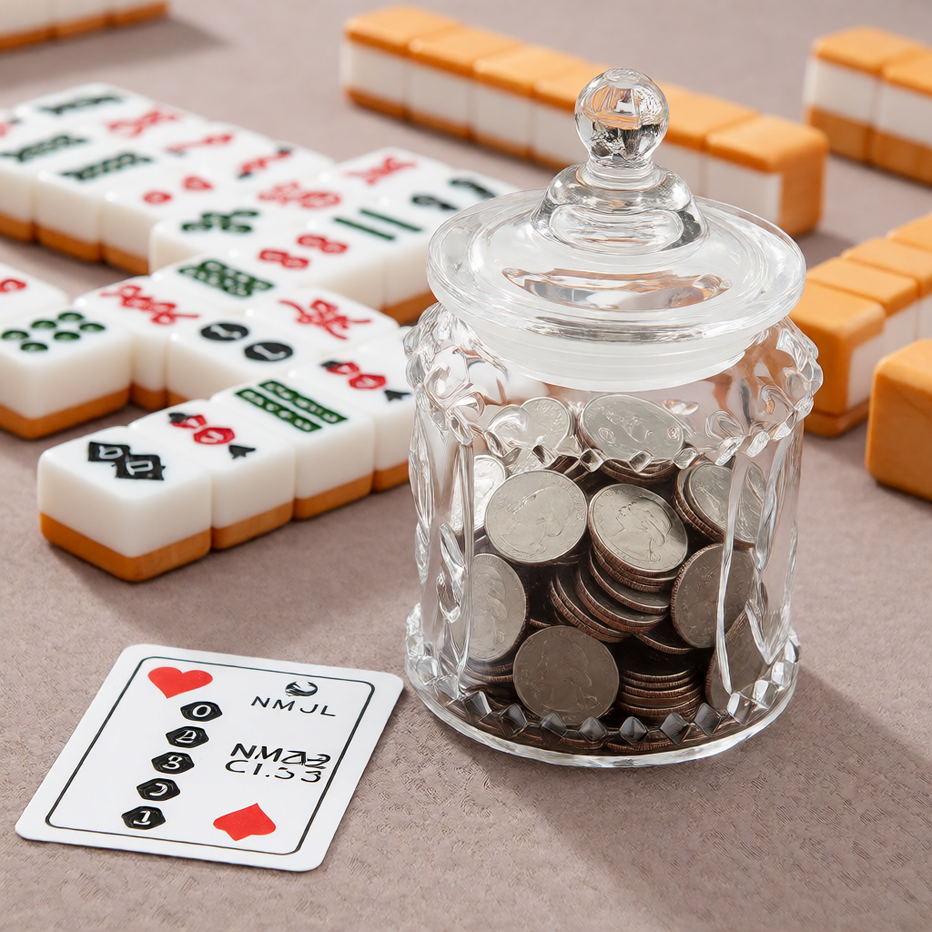 A decorative jar holding quarters next to American mahjong tiles and a rules card