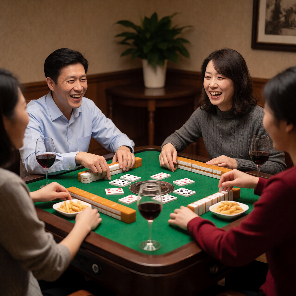 Friends chatting and laughing around an American mahjong table
