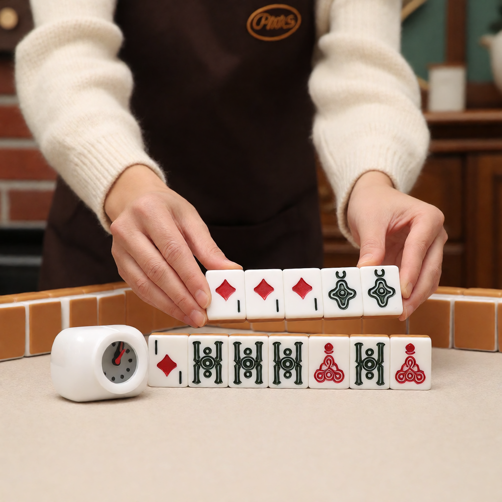 A host setting up American mahjong racks and a timer before guests arrive