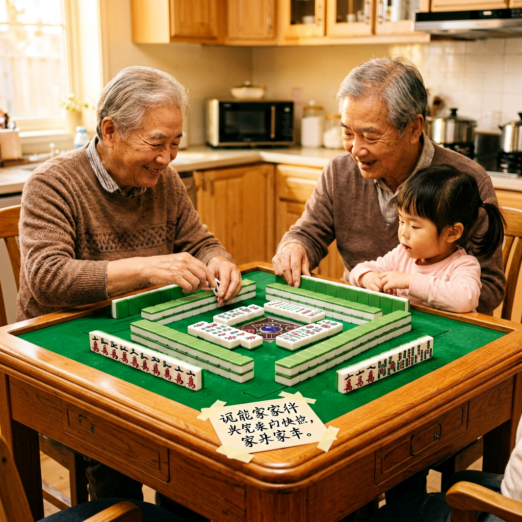 A family mahjong table with a handwritten note of a special family hand