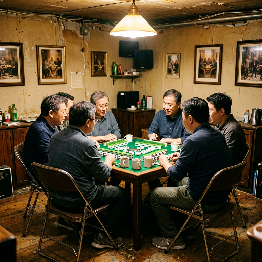 A neighborhood American mahjong club in a suburban rec room