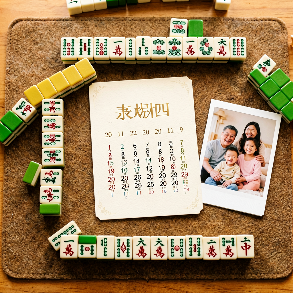 An overhead spread of American mahjong tiles with an annual card and a family photo