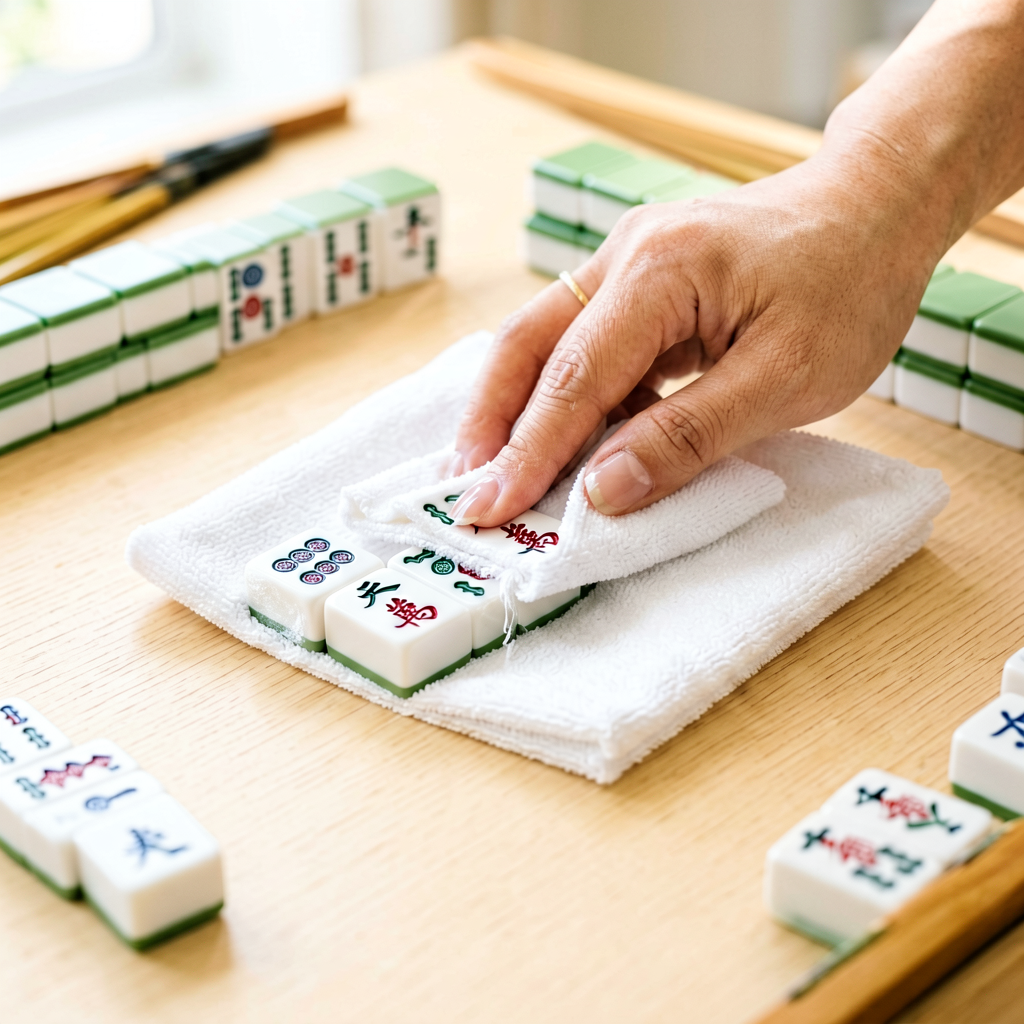 American mahjong tiles being wiped clean with a soft cloth during a simple cleaning routine