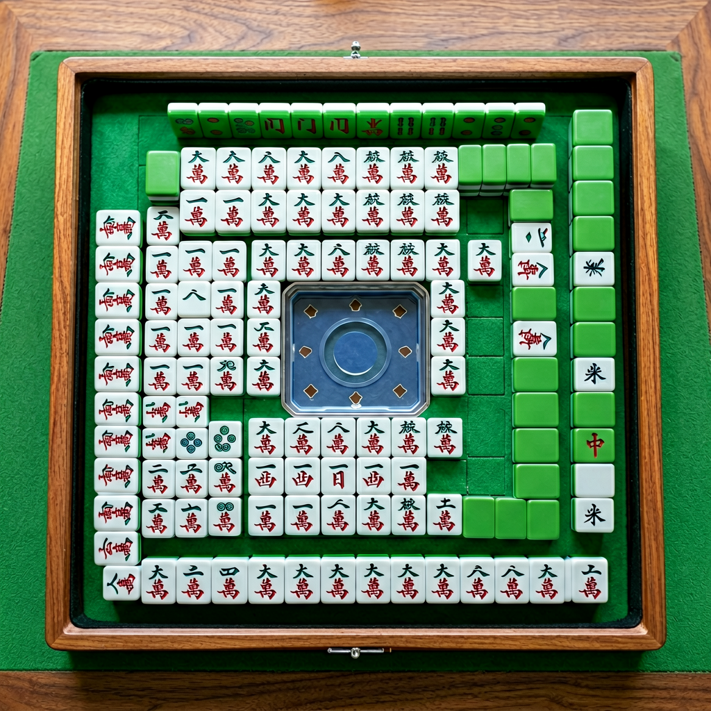 An open mahjong tile case with organized rows of tiles and a couple of empty slots for missing pieces