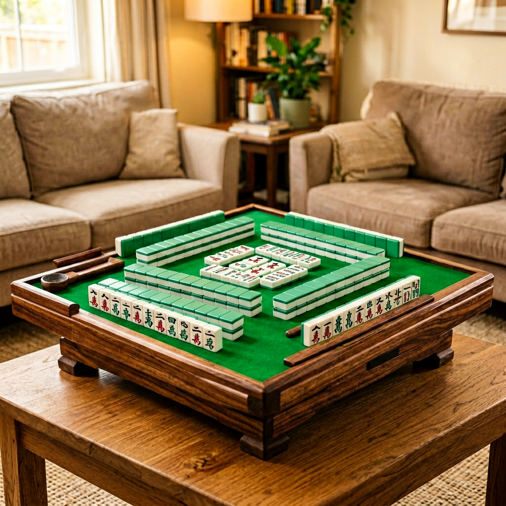 A well-made custom American mahjong set with engraved tiles and a sturdy rack in a cozy living room